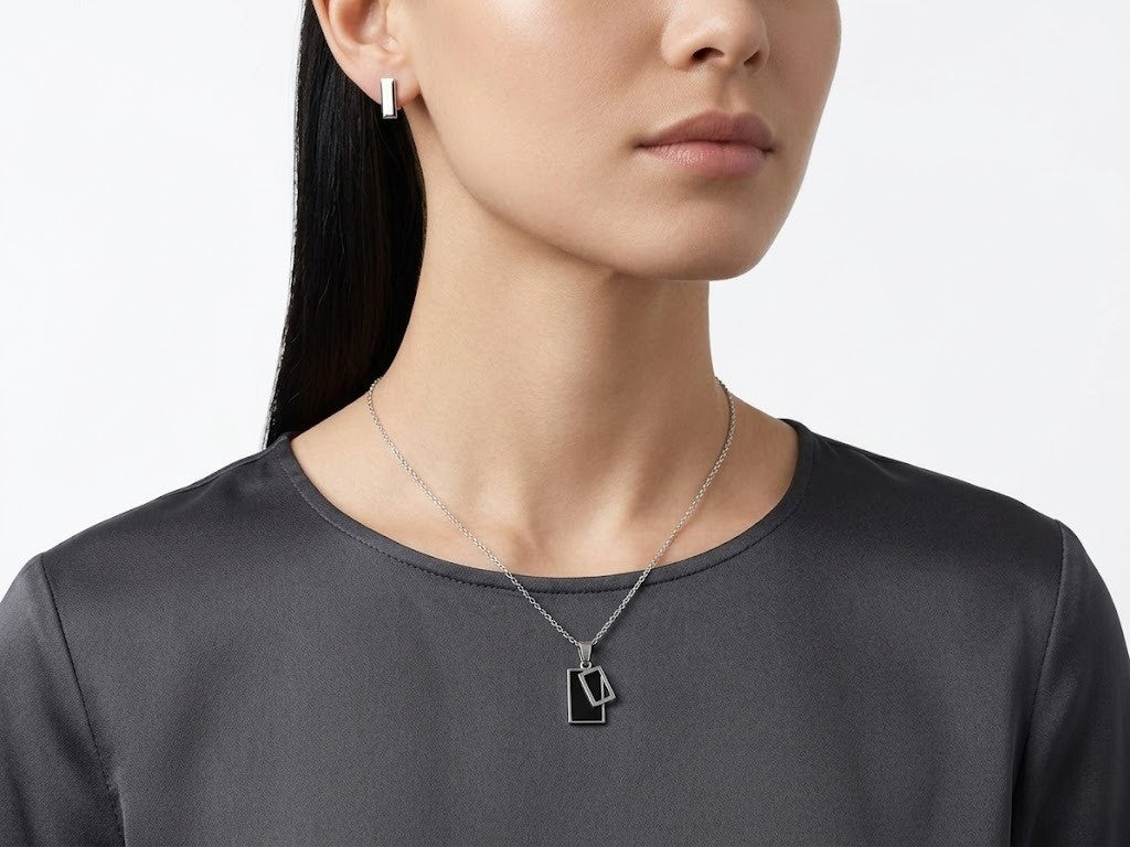Black Geometric Locket Chain & Ear Tops — Noir Argent Edition