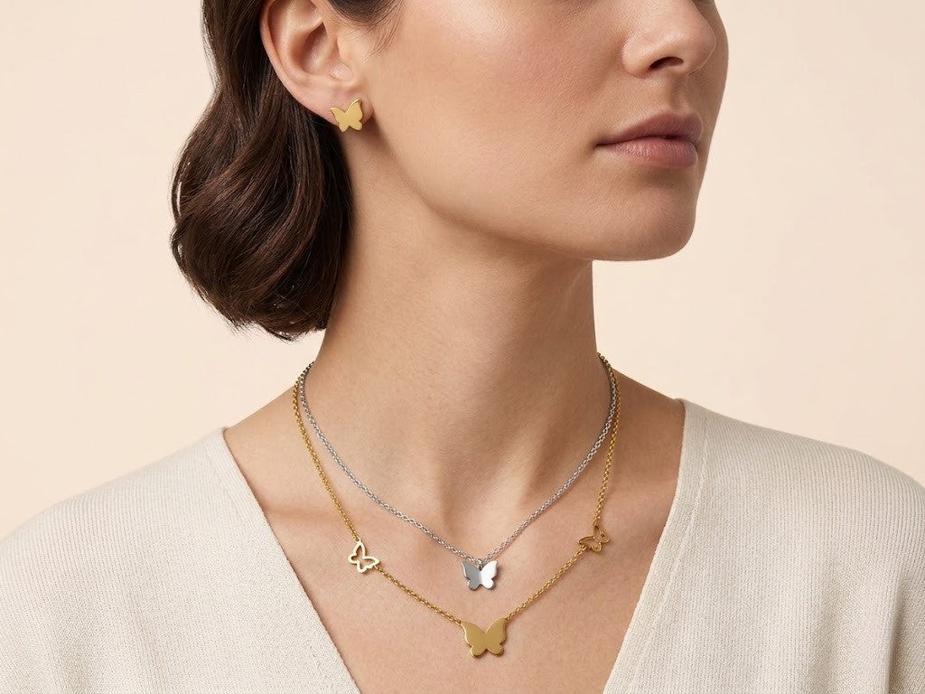 Double Layer Butterfly Necklace — Silver & Gold Wings Edition
