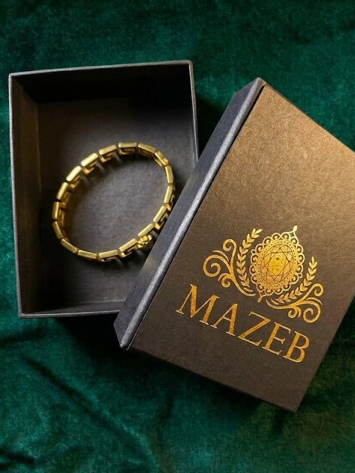 Medusa-Emblem Greek Key Gold Cuff Bracelet