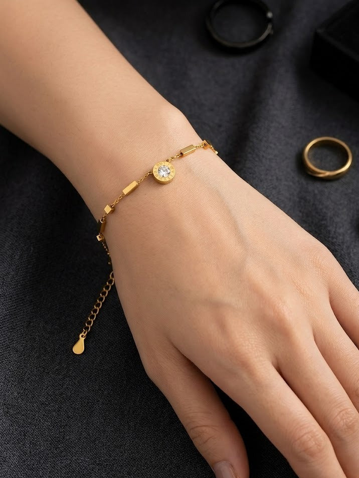 Roman Numeral Solitaire Crystal Gold Bracelet