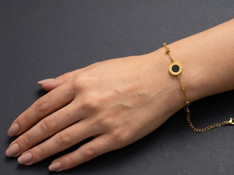 Midnight Onyx & Roman Numeral Gold Disc Bracelet