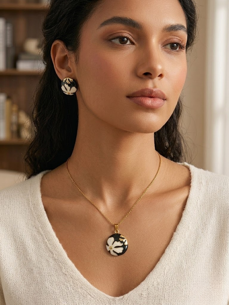 Black Floral Locket Chain & Ear Tops — Noir Edition