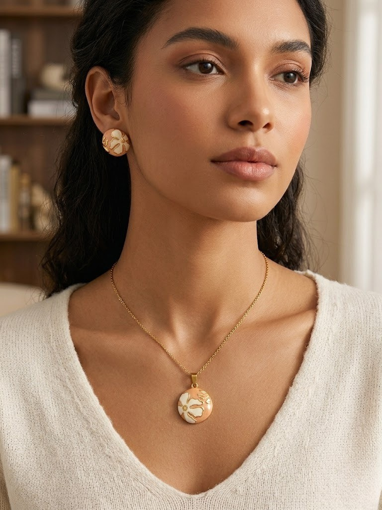 Peach Floral Locket Chain & Ear Tops — Belle Pêche Edition