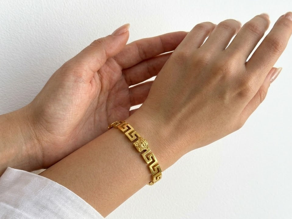 Medusa-Emblem Greek Key Gold Cuff Bracelet