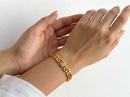 Medusa-Emblem Greek Key Gold Cuff Bracelet