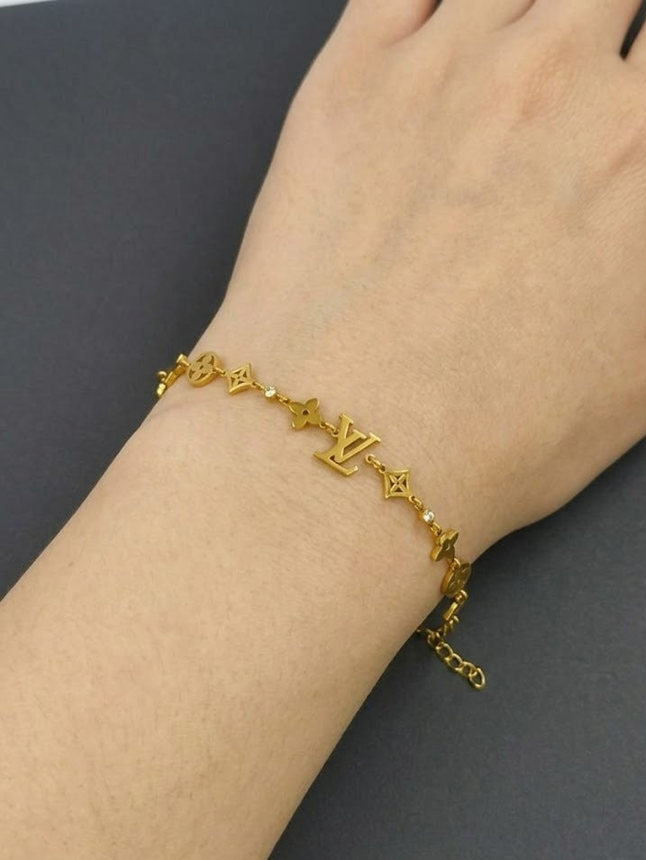 LV Monogram Inspired Gold Dainty Charm Bracelet