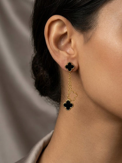 Midnight Clover Long Drop Earrings in Gold Tone
