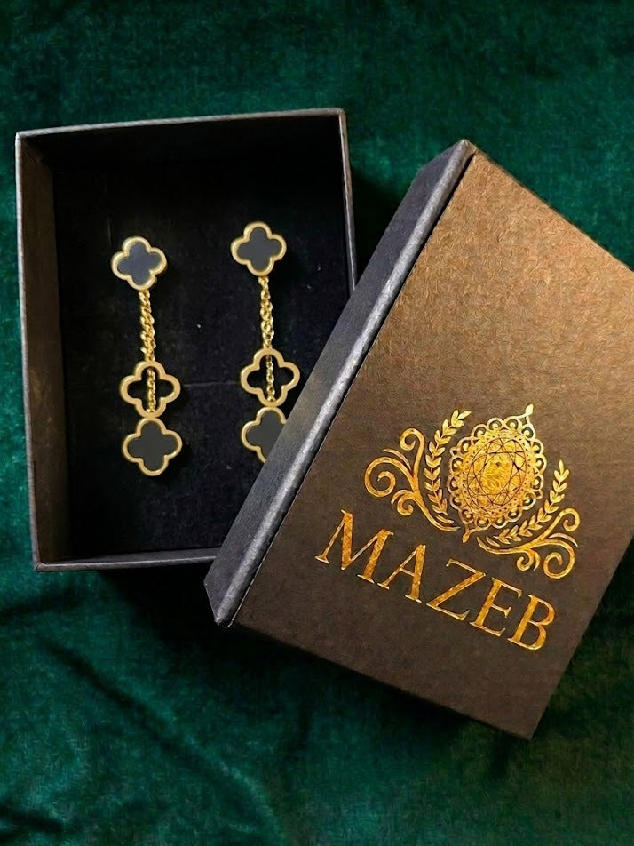 Midnight Clover Long Drop Earrings in Gold Tone