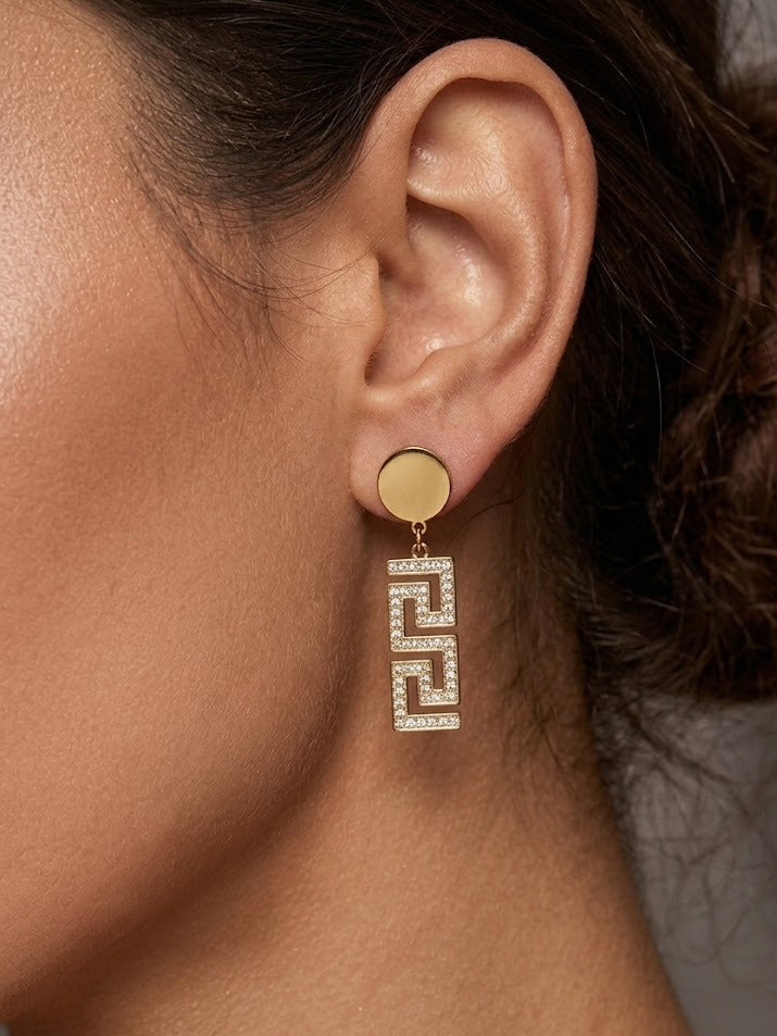 Greek Key Signature Crystal Drop Earrings