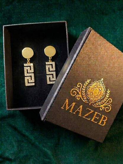 Greek Key Signature Crystal Drop Earrings