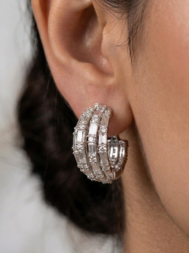 Icy Baguette Triple-Row Glamour Hoops
