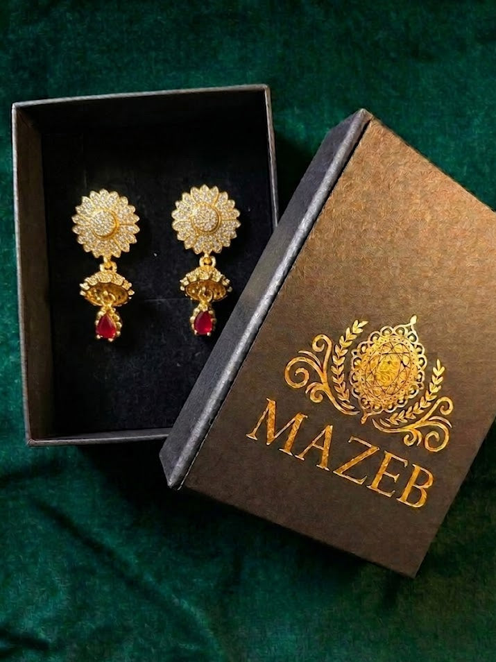 Empress Floral Gold Jhumka with Ruby Red Drop