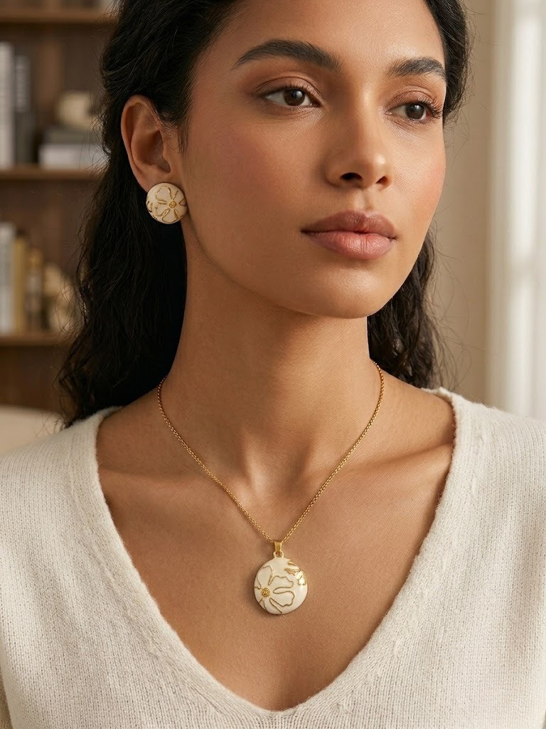 White Floral Locket Chain & Ear Tops — Ivory Bloom Edition