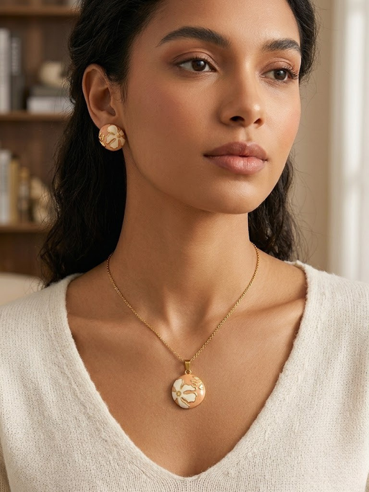 Peach Floral Locket Chain & Ear Tops — Belle Pêche Edition